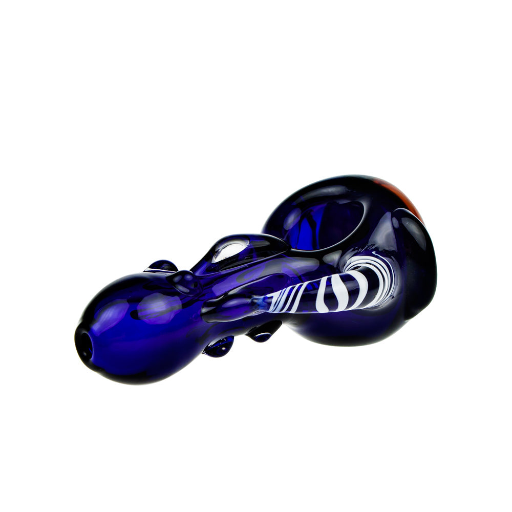 G-Spot Glass Spoon Pipe - Blue Glass with Honeycomb Bowl and Striped Appendage - Side view 4