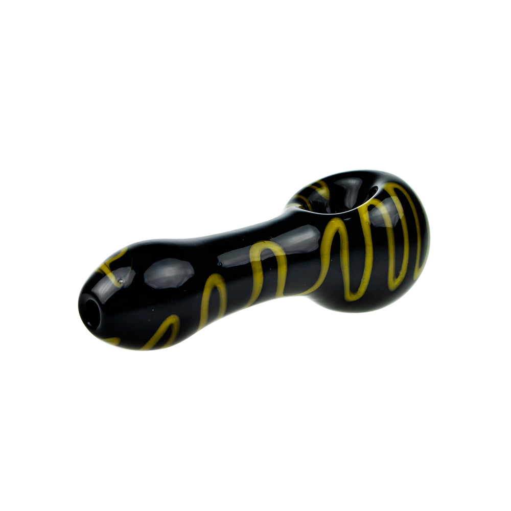 G-Spot Glass Spoon Pipe - Black Glass with Dark Yellow Zig-Zag Stripes - Side view 4