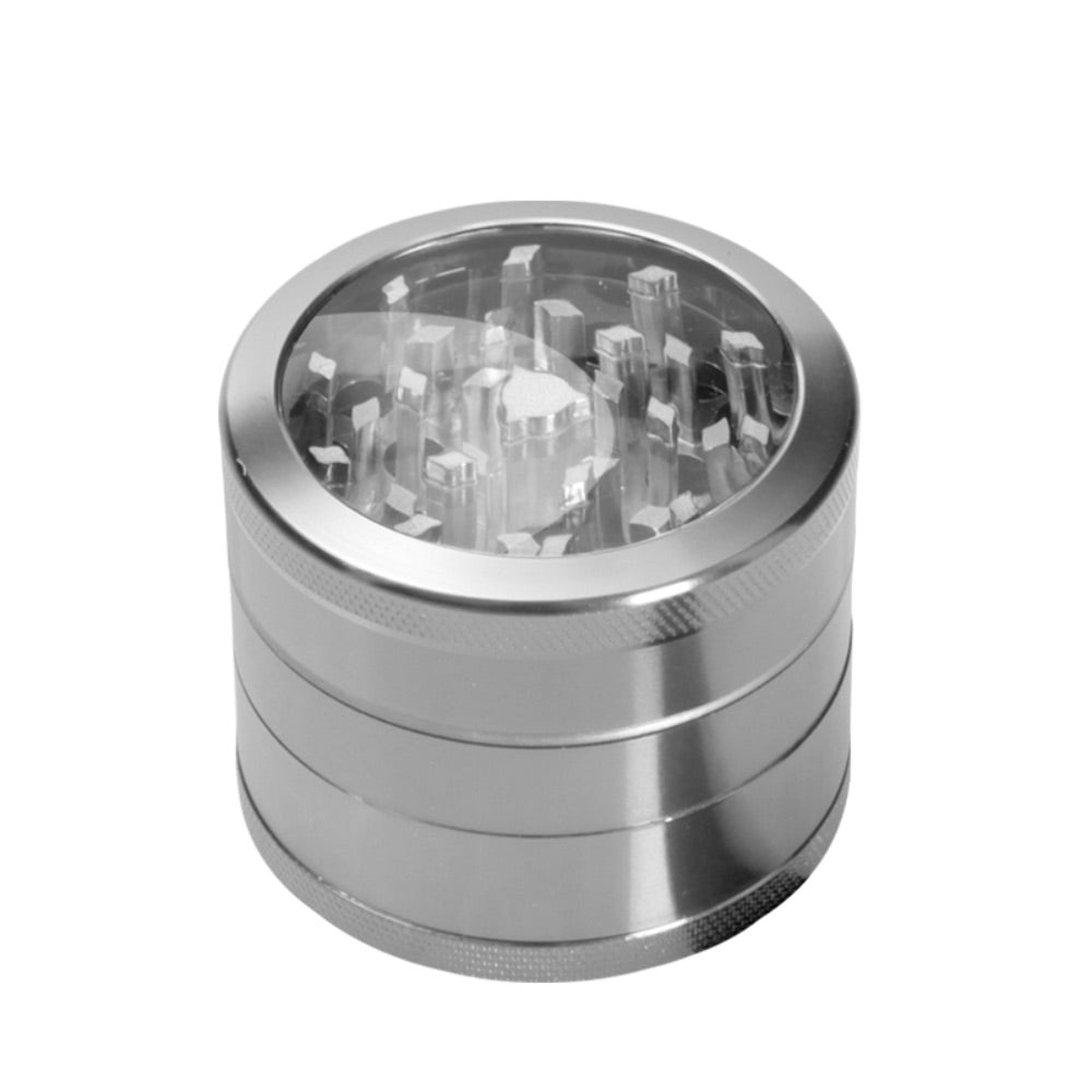 Aluminum 62mm Herb Grinder with Pollen Screen and Magnetic Window Lid | Silver
