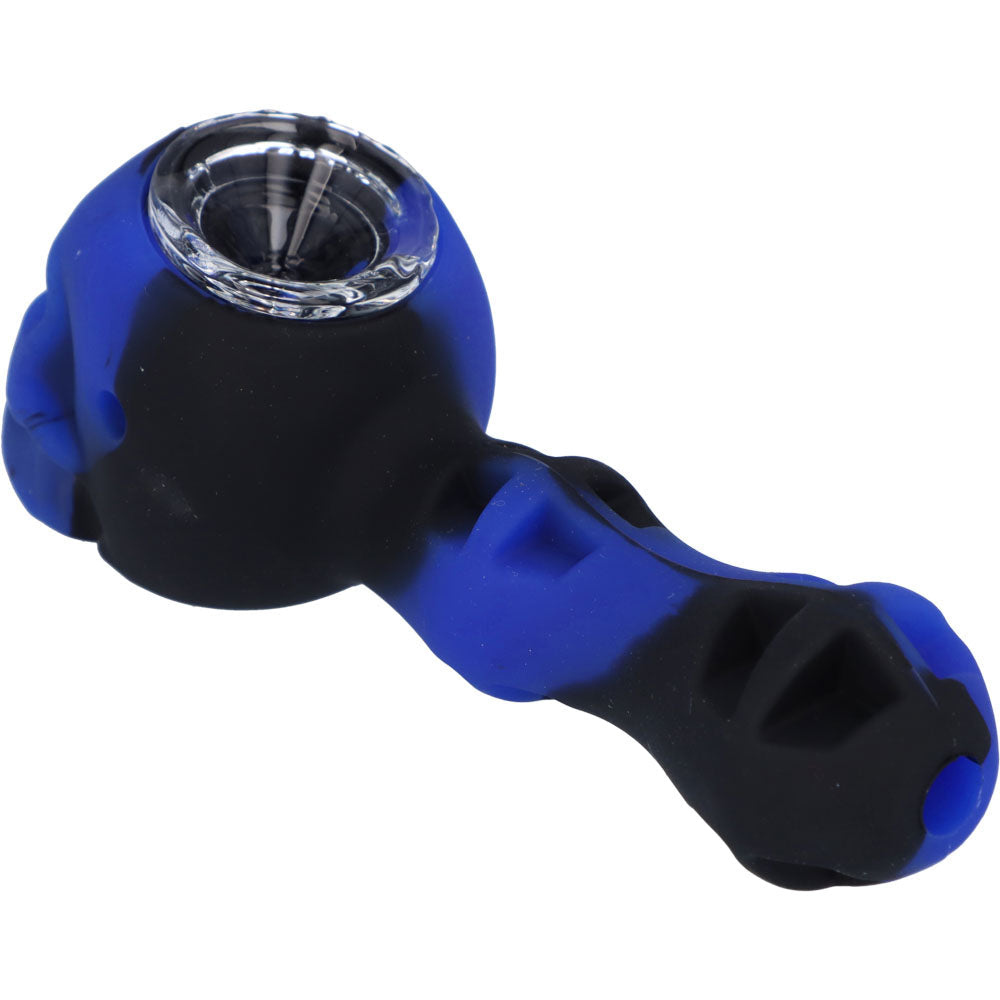 Silicone 2 in 1 Skull Pipe with Metal Dab Tool | Blue Black | Side view 2