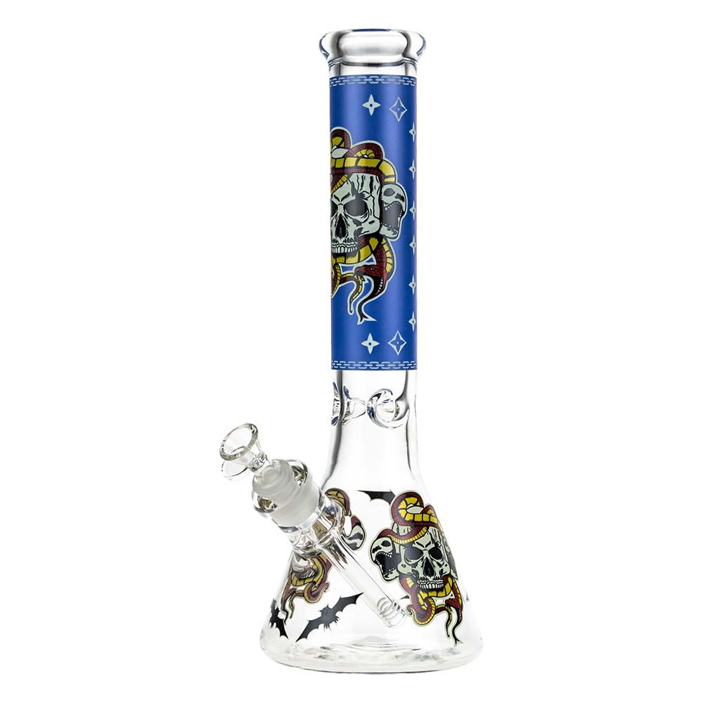 Beaker Ice Bong with Glow in the Dark Snake and Skull Print | Blue | Side view 1
