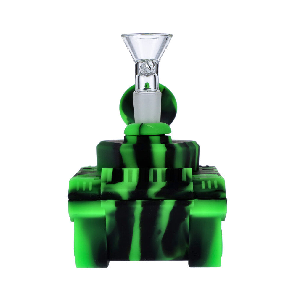 Silicone Army Tank Pipe with Glass Bowl | Black/Green - Front View <br>