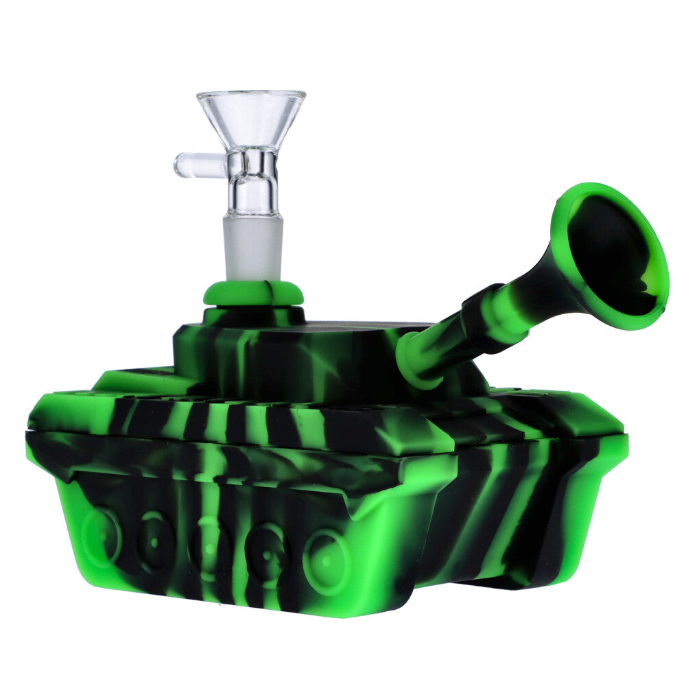 Silicone Army Tank Pipe with Glass Bowl | Black/Green - Side View 3