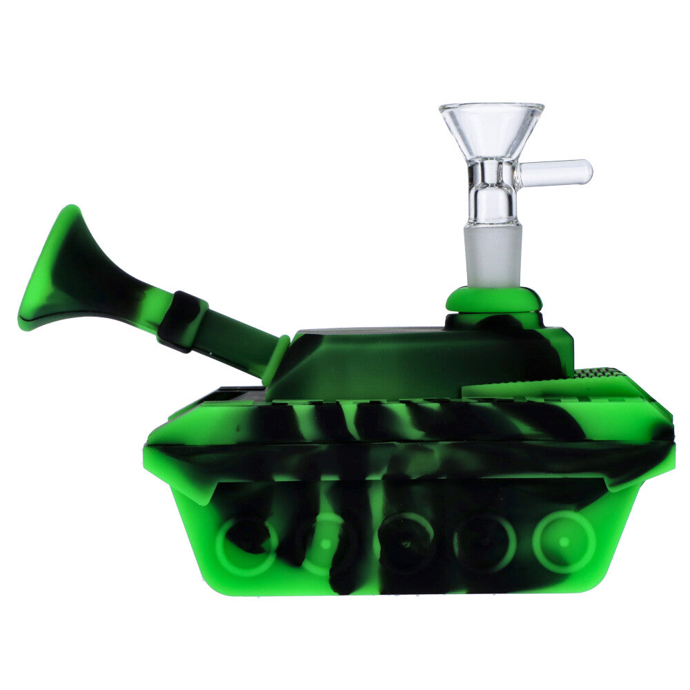 Silicone Army Tank Pipe with Glass Bowl | Black/Green - Side View 5