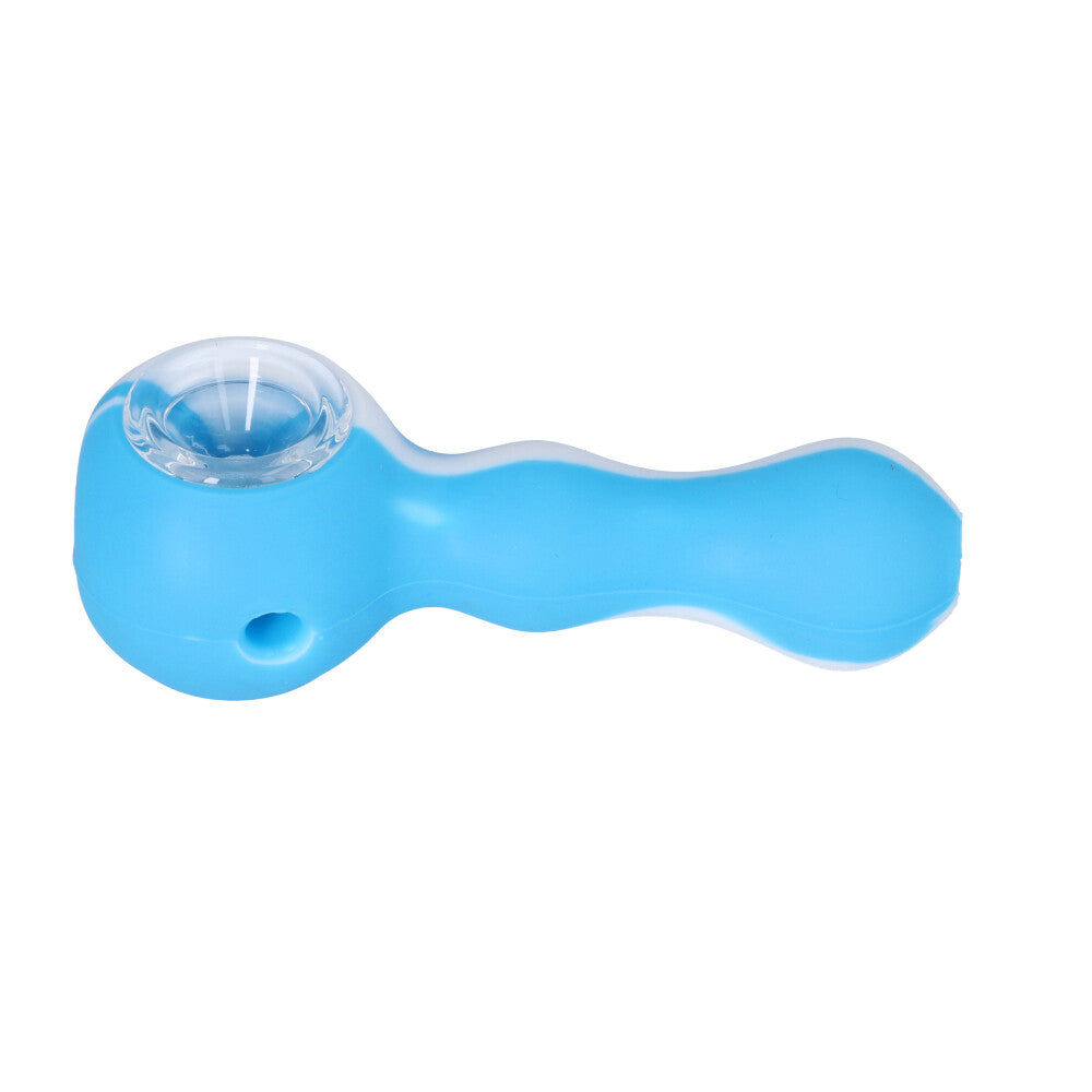 Silicone Spoon Pipe with Inlaid Glass Bowl | Blue/White - Side View