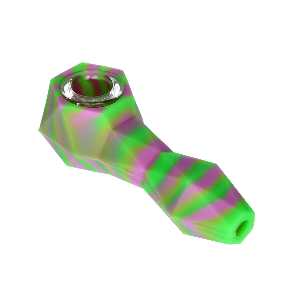Silicone Spoon Pipe with Glass Bowl | Random Color | 4.5 Inch | green/purple | side view 1
