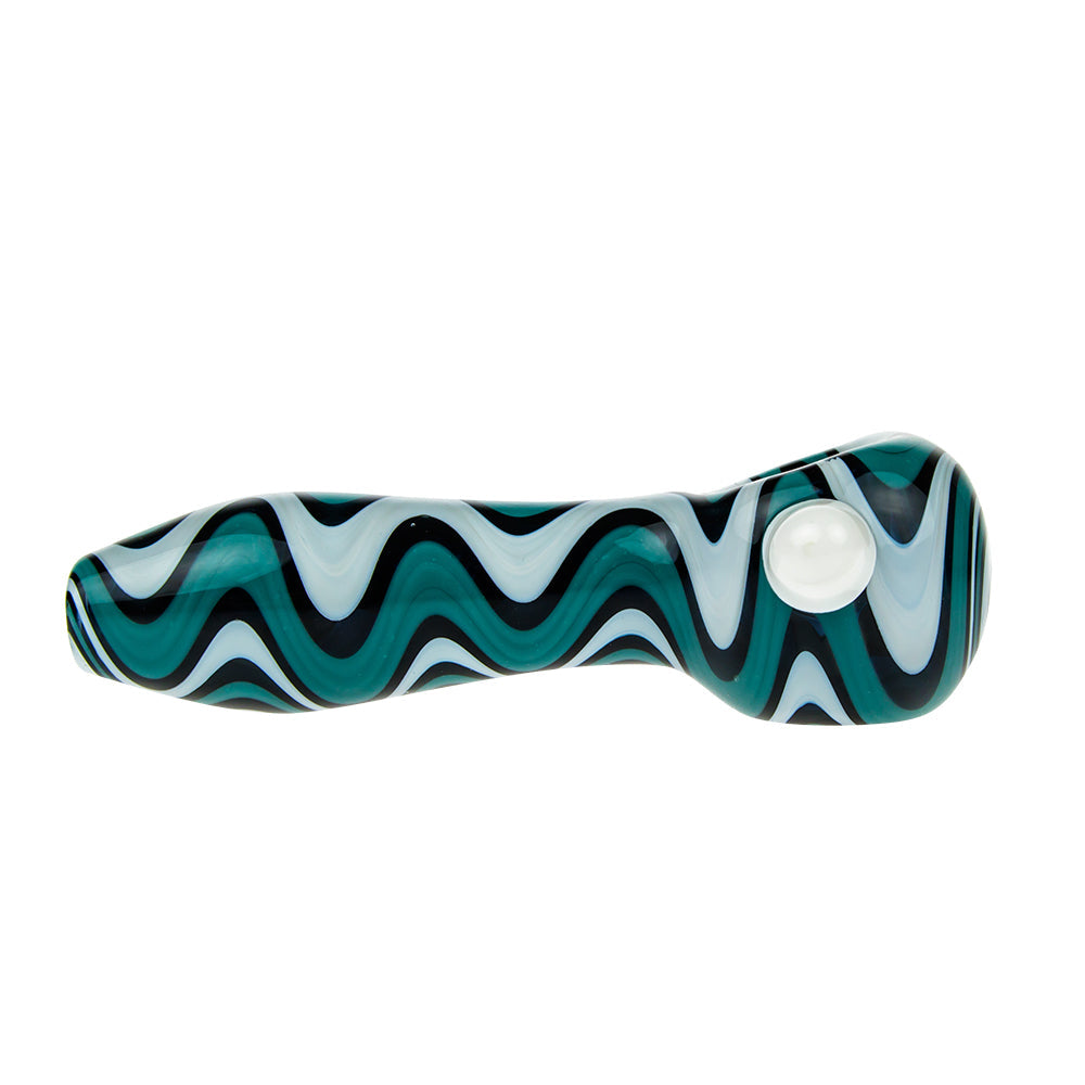 G-Spot Glass Spoon Pipe - White with Wavy Stripes and Color Carb - Side View 3