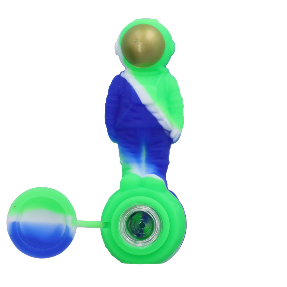 Silicone Astronaut Hand Pipe with Glass Bowl | 5 Inch | Blue/Green | top view | open lid