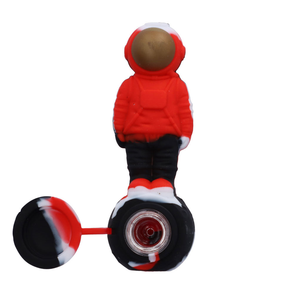 Silicone Astronaut Hand Pipe with Glass Bowl | 5 Inch | Black/Red | top view | open lid