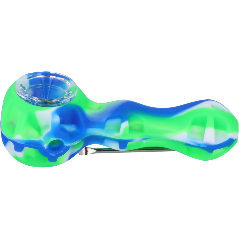 Silicone 2 in 1 Pipe with Metal Dab Tool | Random Color | Green/Blue | side view 2