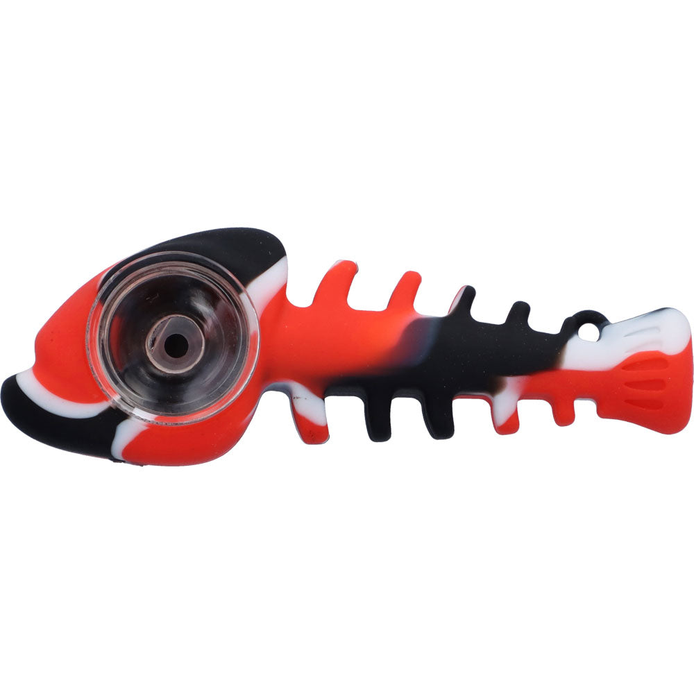 Silicone Fish Bone Hand Pipe with Glass Bowl  | Red  | side view 1