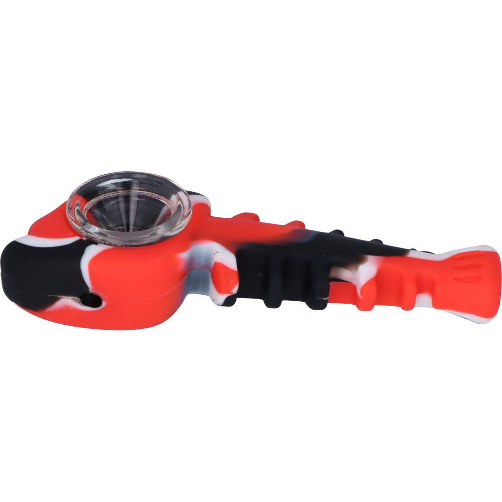 Silicone Fish Bone Hand Pipe with Glass Bowl  | Red  | side view 2