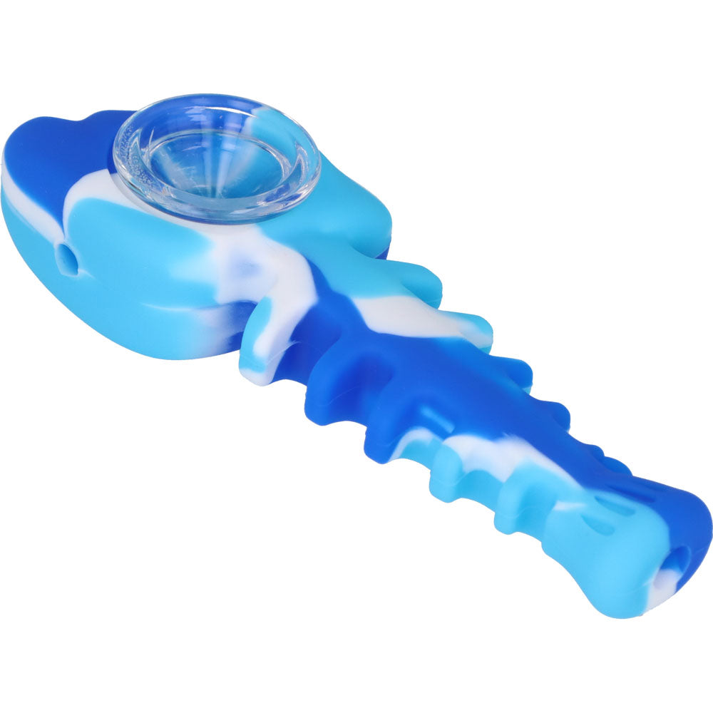 Silicone Fish Bone Hand Pipe with Glass Bowl  | Blue  | side view 3