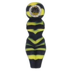 Curvy Silicone Spoon Pipe with Insert Glass Bowl | Black/Yellow - Top View 